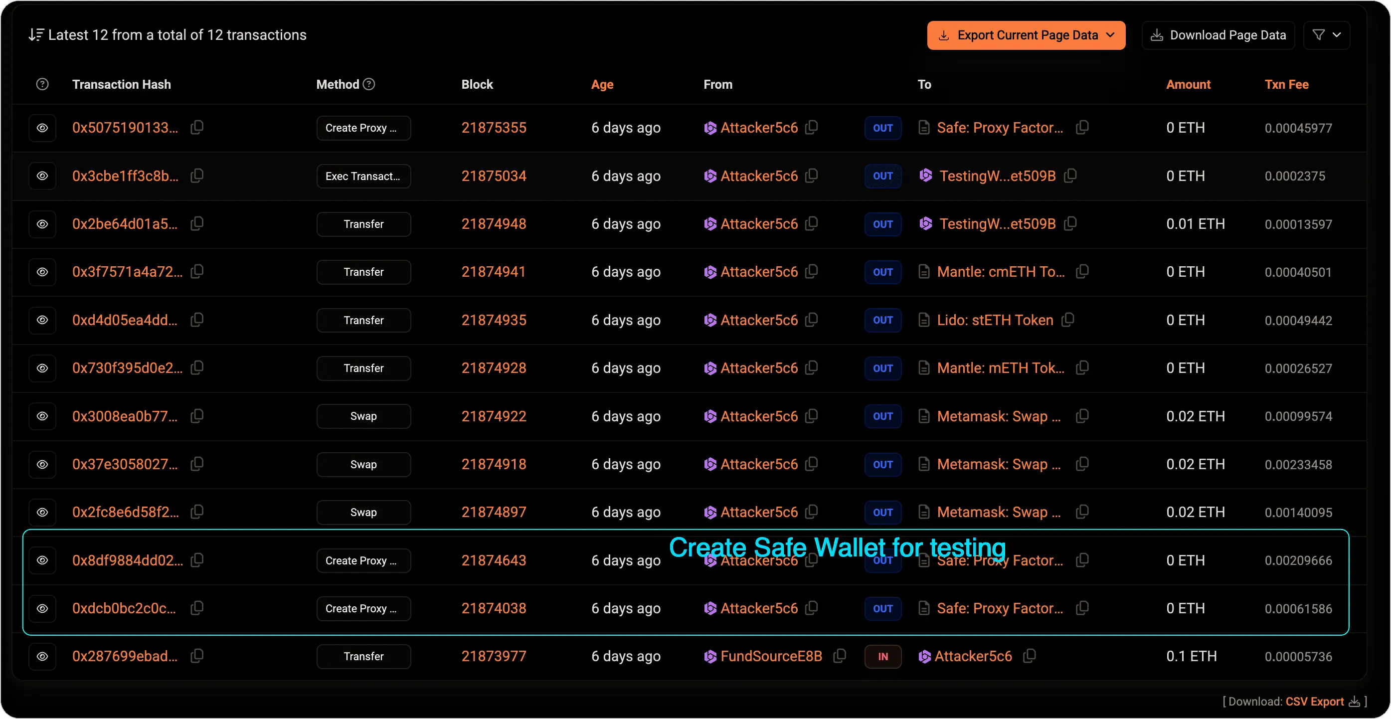 Attacker setting up test Safe wallets