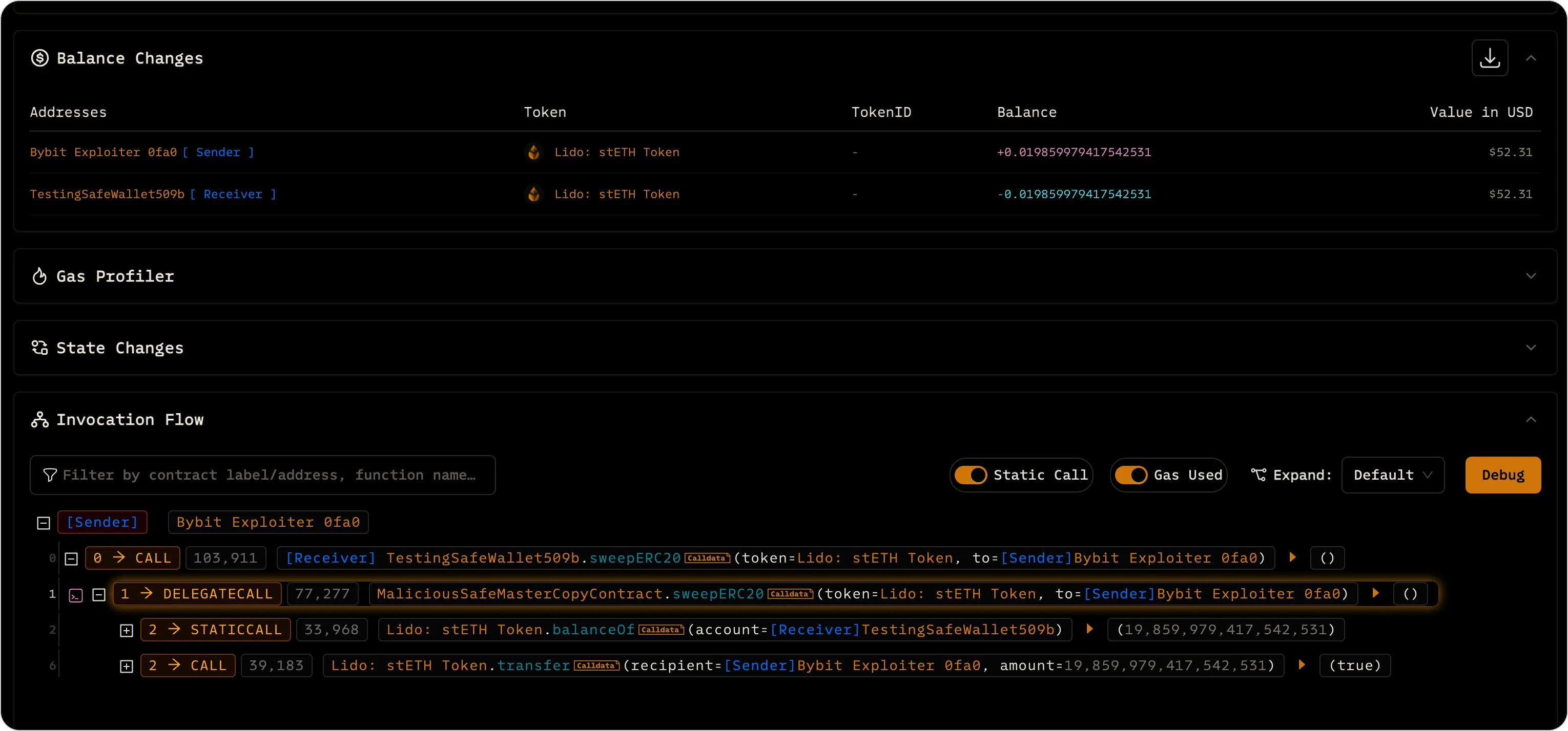 Transaction trace showing sweepERC20